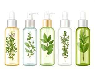 Five transparent bottles with various herbs and dispensing tops showcasing natural beauty products isolated on white background  Ideal for cosmetic or aromatherapy advertising