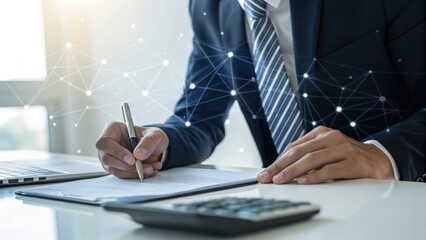 Businessman in suit writing on document with calculator and laptop isolated on transparent background