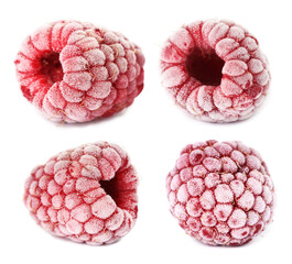 Many frozen raspberries isolated on white, set