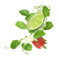 Lime, strawberry, mint leaves and refreshing drink in air isolated on white
