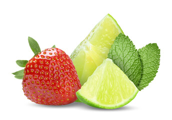 Fresh lime, strawberry and mint leaves isolated on white