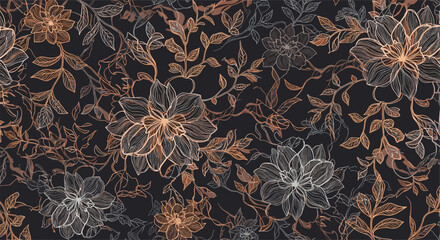 Intricate floral pattern design with delicate leaves and blooming flowers in warm and cool metallic tones on a dark background fabric texture
