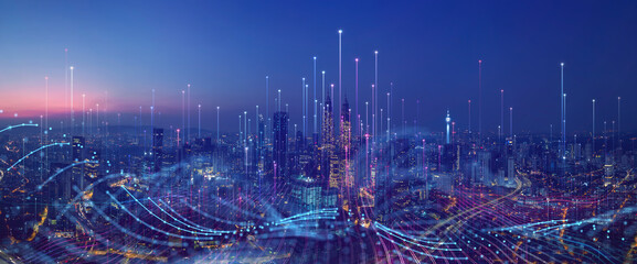 Smart city and abstract dot point connect with gradient line and aesthetic Intricate wave line design , big data connection technology concept .