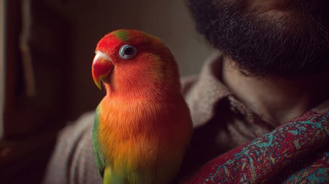Close-up of a parrot on a person's shoulder