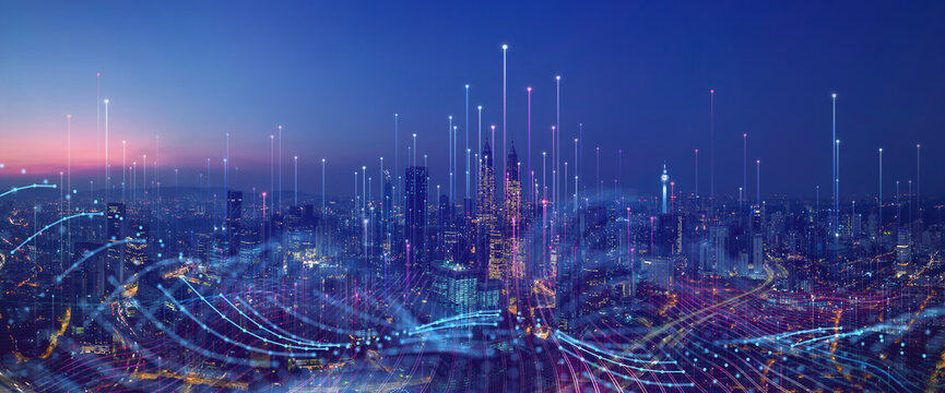 Smart city and abstract dot point connect with gradient line and aesthetic Intricate wave line design , big data connection technology concept . - Powered by Adobe