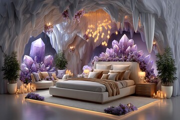 Purple gemstone cave around elegant fantasy bedroom high resolution picture