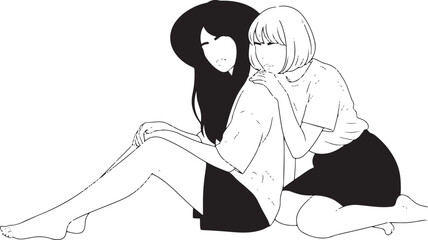 Two Women in Minimalist Black and White Illustration Sitting Together.