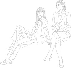 Two Elegant Women in Business Attire Sitting and Posing Line Art Style.
