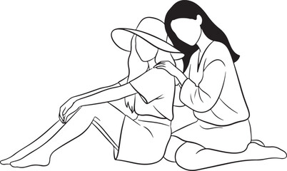 Two Women Sitting Together One Wearing a Hat Line Art Illustration.