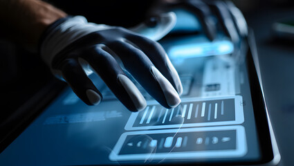 Interactive Technology Interface Close Up of Hands Using a Digital Touchscreen Display for Data Analysis and Control in a Modern Technological Environment