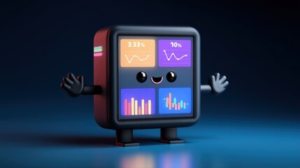 A cute, animated black square robot with smiling face and arms displays colorful data charts on its screen against a dark blue background, cute futuristic AI robot