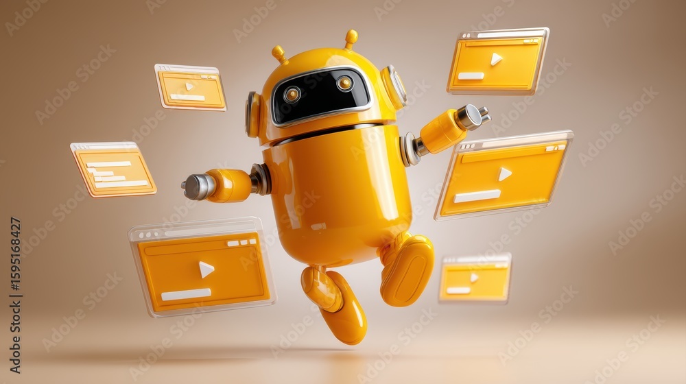 Poster a cheerful orange robot surrounded by floating video player icons on a neutral background, represent