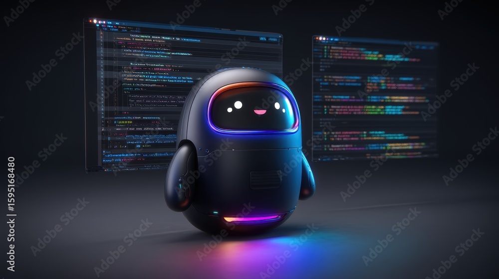 Poster a cute robot with a smiling digital face stands in front of large floating screens filled with color