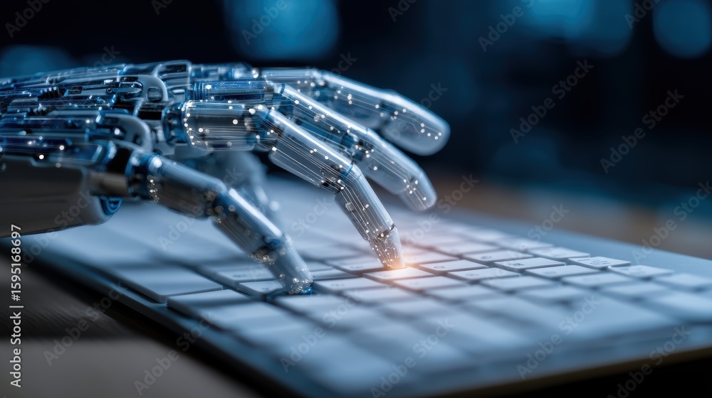 Poster a robotic hand with metallic fingers is pressing a key on a keyboard, symbolizing ai and automation 