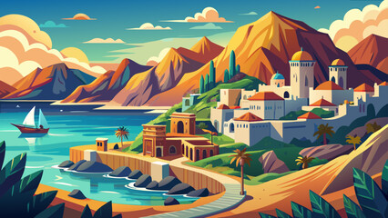 Fujairah, UAE – Mountainous desert meets ocean coastline. Forts and mosques blend with nature, offering raw textures for compelling vector imagery.