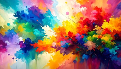 Fototapeta premium Vibrant Abstract Floral Painting with Splashes of Color and Dynamic Brushstrokes