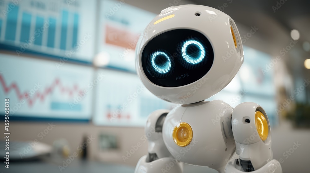 Poster a small futuristic robot with glowing blue eyes stands in an office setting with charts and graphs o