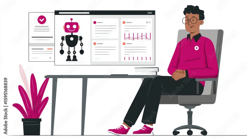 Aufkleber a person sits in an office chair, analyzing a computer screen displaying a robot, graphs, and data i