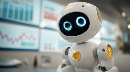 A small futuristic robot with glowing blue eyes stands in an office setting with charts and graphs on the blurred background, cute futuristic AI robot