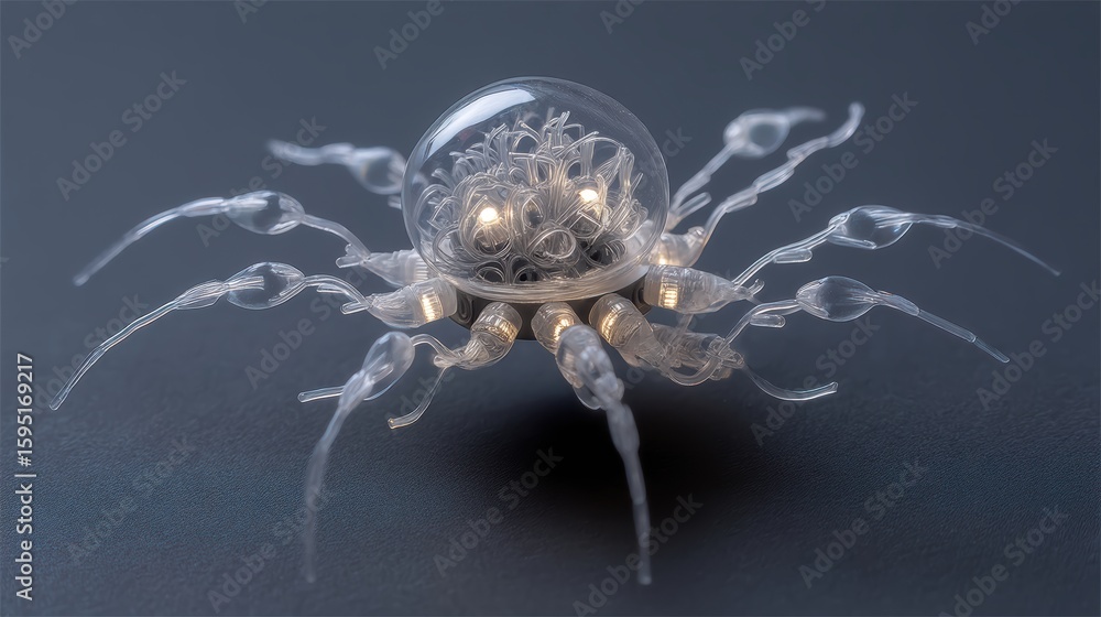 Poster a futuristic transparent robotic spider with intricate internal wiring and multiple articulated legs