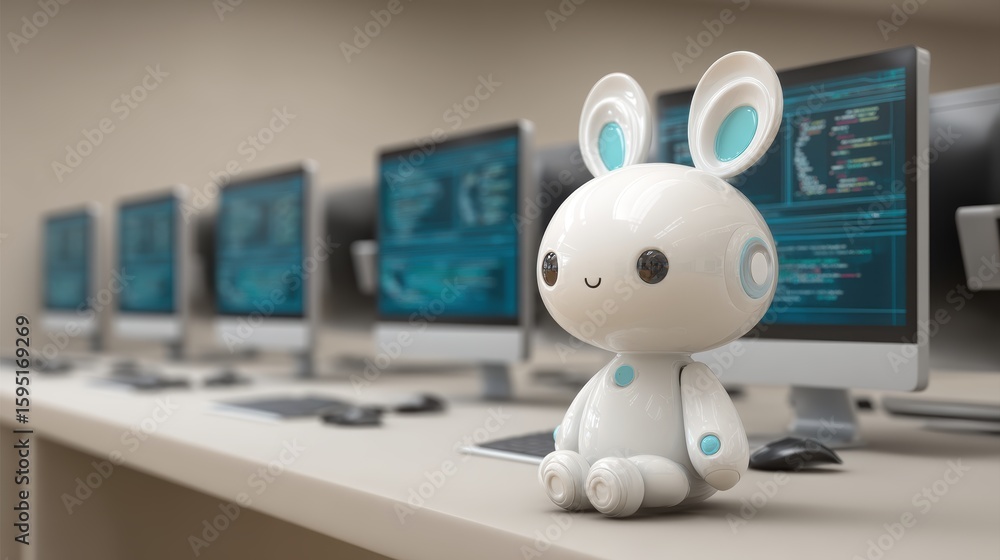 Poster a cute white robot with bunny ears sits on a desk in front of multiple computer screens displaying c