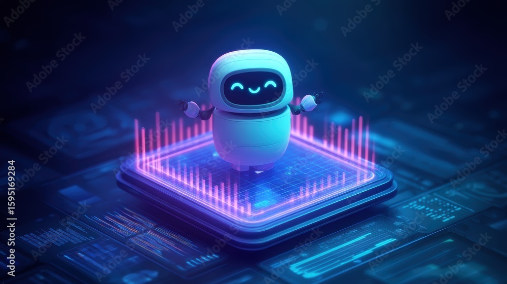 Poster a cute, futuristic robot stands on a glowing digital platform surrounded by neon data bars in a high