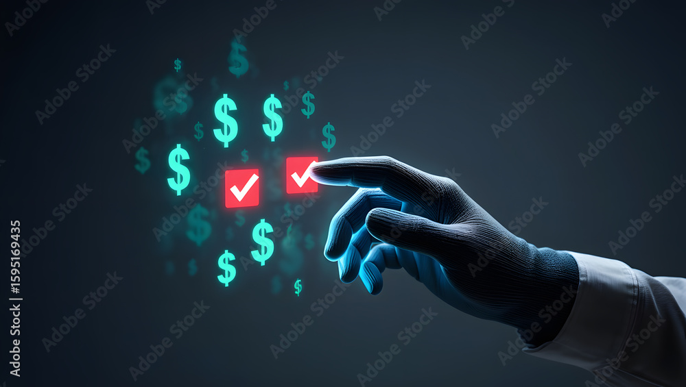 Aufkleber digital finance approval process with holographic interface displaying dollar signs and checkmarks f