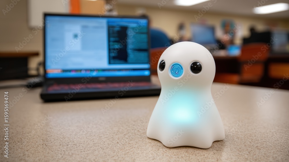 Poster a small, glowing robot with big eyes sits on a desk in front of a laptop displaying code in a modern
