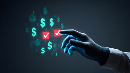 Digital Finance Approval Process with Holographic Interface Displaying Dollar Signs and Checkmarks for Modern Business Transactions and Financial Technology
