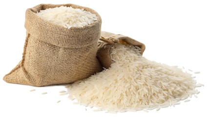 White rice in burlap sack full bag isolated on white background PNG. AI GENERATED.