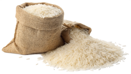 White rice in burlap sack full bag isolated on white background PNG. AI GENERATED.