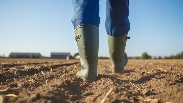 Farmer walks in rubber boots across a dry cultivated field on a sunny day