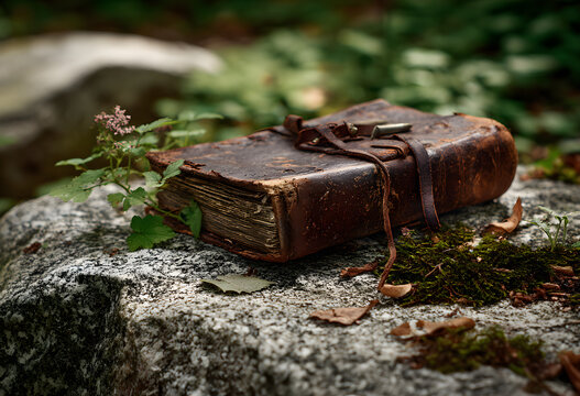 Old leather-bound book on a large granite slab in the woods, botanical, book, leather bound
