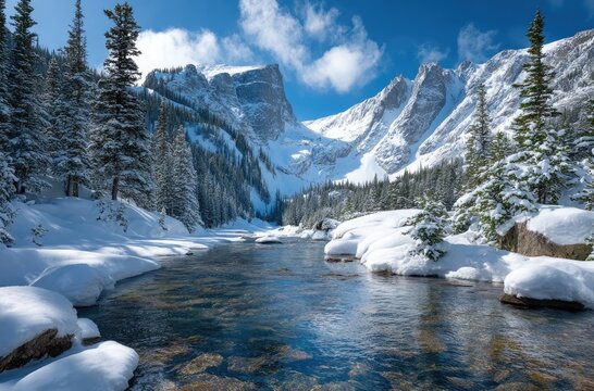 Dream Lake in Rocky Mountain National Park, covered with snow and ice, surrounded by pine trees