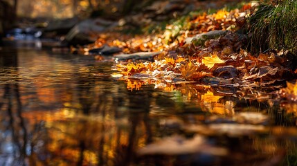 Fototapeta premium Vibrant autumn leaves float gently on the surface of a clear flowing stream during a beautiful fall day