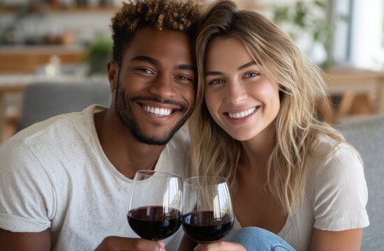 A happy couple enjoying red wine together at home, wearing a white T-shirt and jeans