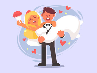 Cartoon Bride and Groom in Romantic Embrace