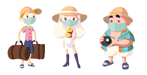 Cartoon Tourists in Masks with Luggage and Camera
