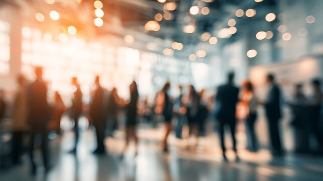 Blurred view of people in a convention center with bright lights and modern architecture in the background