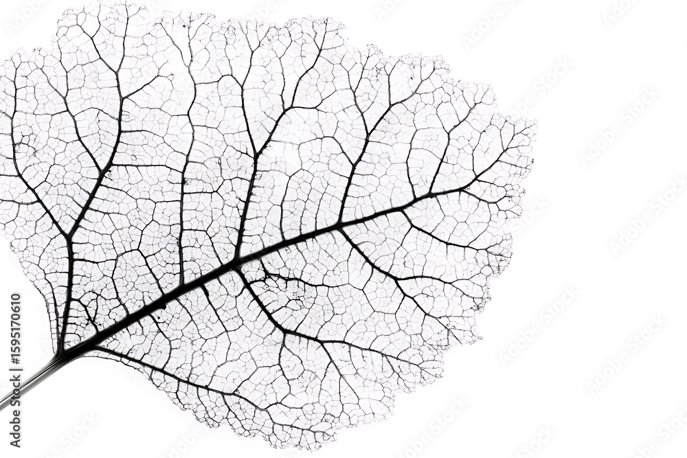 Poster close up view of a delicate leaf skeleton showing intricate vein patterns against a white background