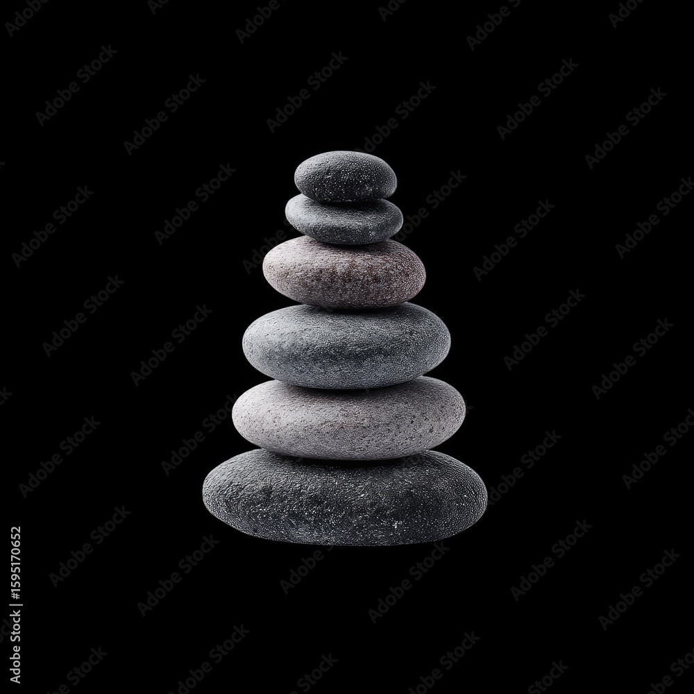 Poster tranquil stack of smooth stones on a black background for relaxation and mindfulness concepts
