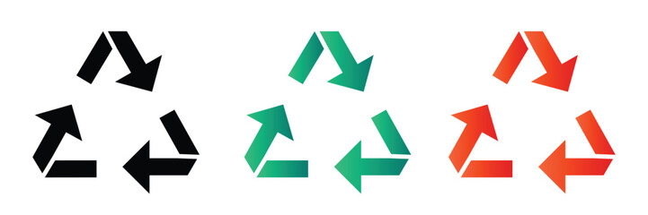  Recycle arrows triangle icon set in black green red color for eco environment reuse sustainability loop process vector illustration pack.