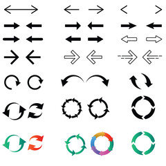 Recycling and direction symbols icon set for environment loop navigation indicator pointer cycle graphic vector arrow illustration collection design.