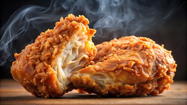 Photo of a closeup, mouthwatering view of a perfectly fried chicken piece, revealing its juicy interior and crispy goldenbrown coating, with wisps of steam rising