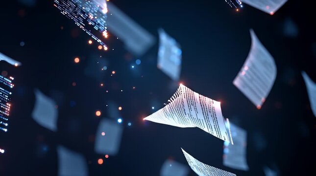 Abstract digital documents swirling in the dark - Powered by Adobe