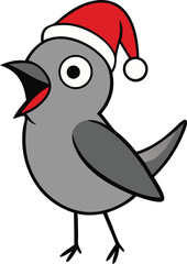 Gray catbird wearing Santa hat singing Christmas song festive holiday bird winter joyful seasonal celebration Xmas melody nature wildlife