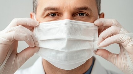 Man wearing a white surgical mask and gloves Close up portrait Face Medical