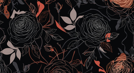 Exquisite dark floral pattern featuring blooming roses and delicate foliage in a moody palette