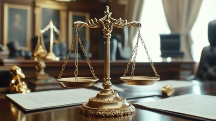 Golden scales of justice on a courtroom desk legal documents blurred background