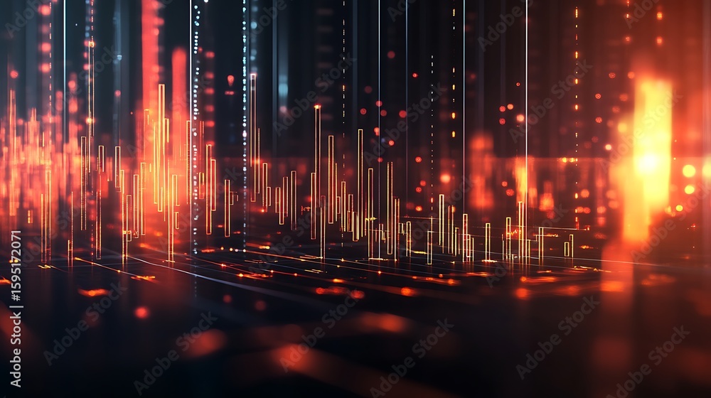 Poster abstract glowing lines and particles creating a futuristic cityscape with a dark background